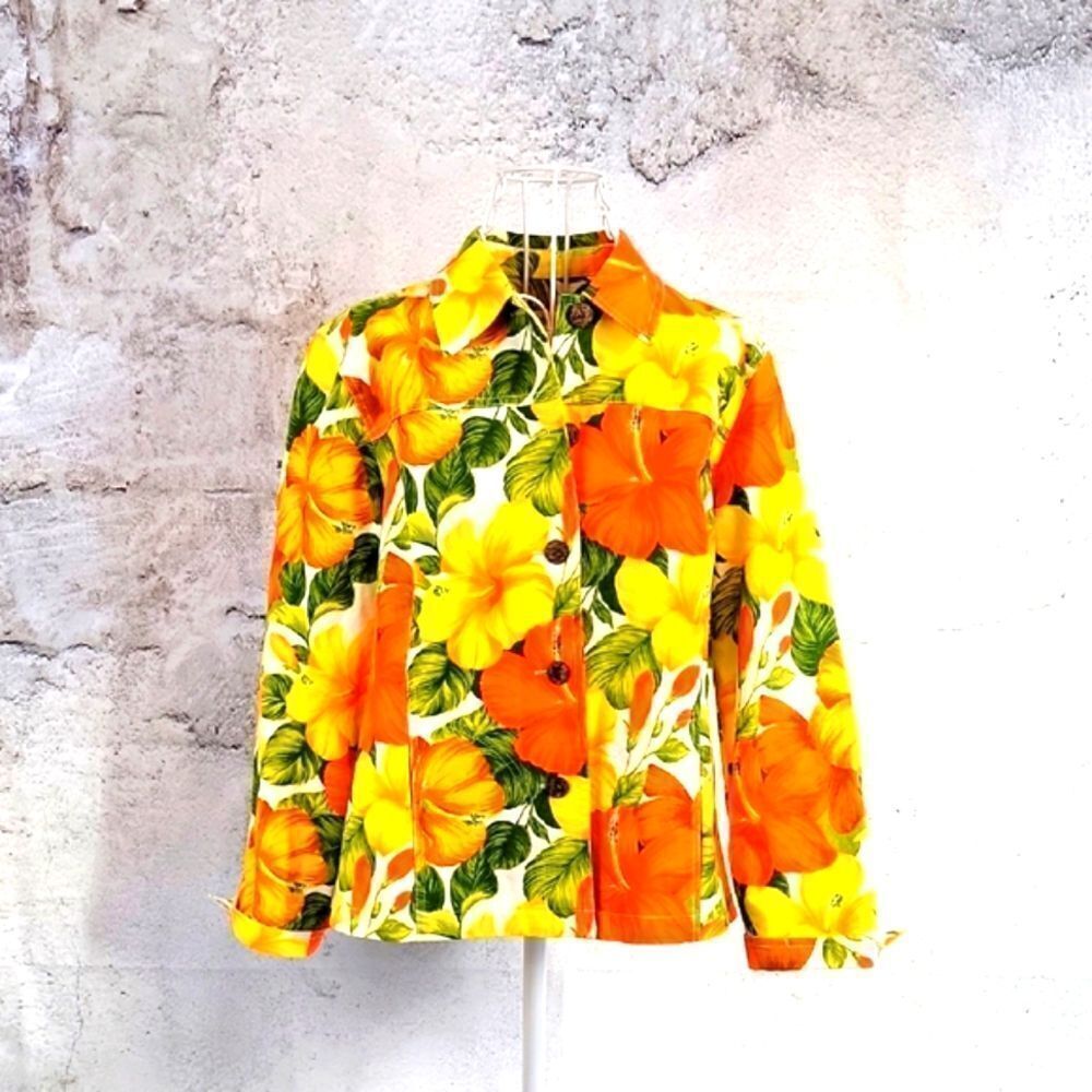 Coldwater Creek jean jacket tropical floral print - orange & yellow Size S